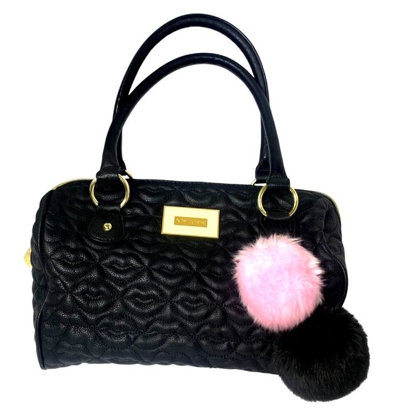 Betsey Johnson Handbags - Betsey Johnson Quilted Black Lips Faux Leather Satchel Bag & Pom Poms Love Coll